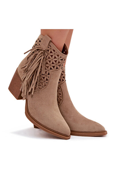 BOTO Women's Perforated Cowboy Boots with Block Heel with Fringes Beige Calis...