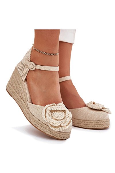 BOTO Sandale cu platformă pentru femei cu împletitură și floare croșetată bej...