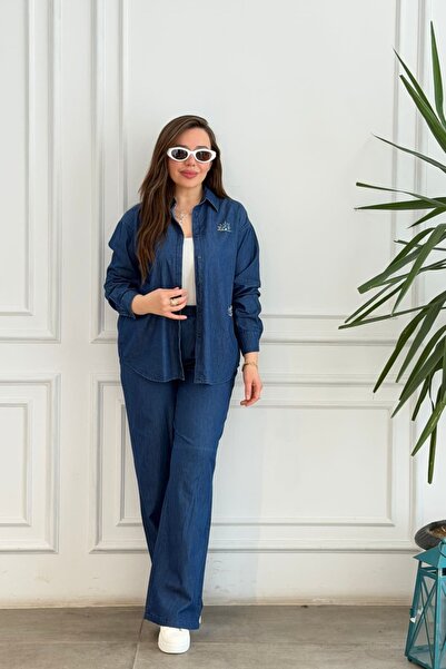 yb yağmur butik Denim Suit with Stone Embellished Shirt and Trousers