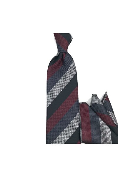 Sade Kravat White Gray Black Claret Red Striped Handkerchief Tie 33360 Gray