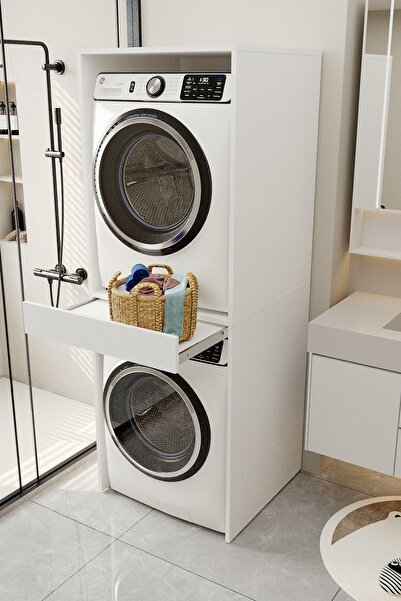 AEKA AE-1048 Erciyes Beyaz Sürgü Raflı Sepetlik Bölmeli 186 cm Çamaşır ve Kur...