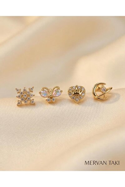 MERVAN TAKI 4 Adet Zirkon Taşlı Tragus Küpe Seti Çelik