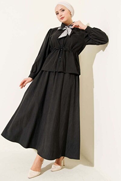 Miraydın Butik Waist-Tightened Shirt and Skirt Set M25153 - Black
