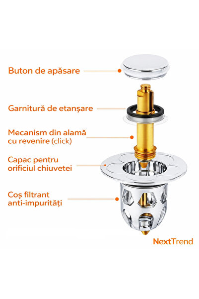 Next Trend Set 3 Dopuri Chiuvetă Pop-Up Universal cu Filtru Anti-Păr pentru Baie și Bucătărie