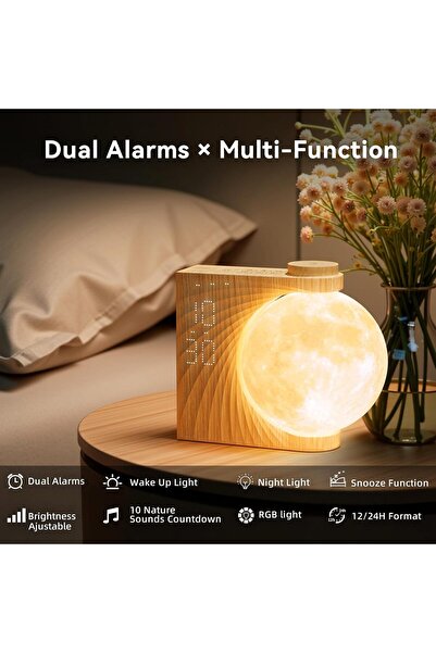 reteyung Moon Lamp with Alarm – Wake-Up Light, 2 Alarms, Natural Sounds, 8 RG...