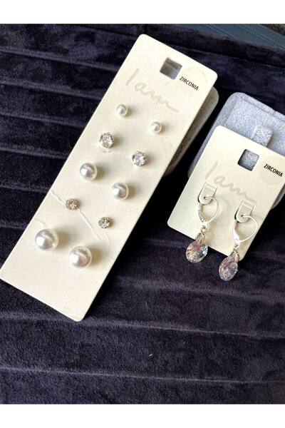 Luxiva 6 Pairs of Minimal Zircon Stone Silver Calama Steel Trend Women's Earr...