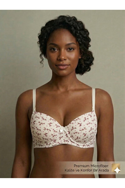 Lavint Homewear Çi̇çek D Patterned Silicone Bal Wired Lgulu Ecru Bra