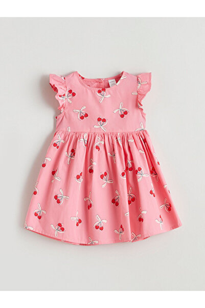 LC Waikiki Ozmarka New Season Strawberry Printed Ruffle Girls' Poplin Dress