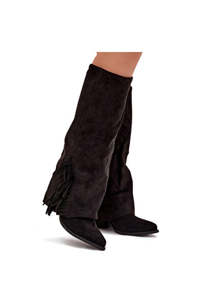 BOTO Ghete de damă cu toc și franjuri, fără slip-on, negre, Zalia, mărimea 36