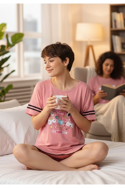 BOYRAZ Women's casual dress with Short-Sleeved, knee-length, "Sleep" print, pink