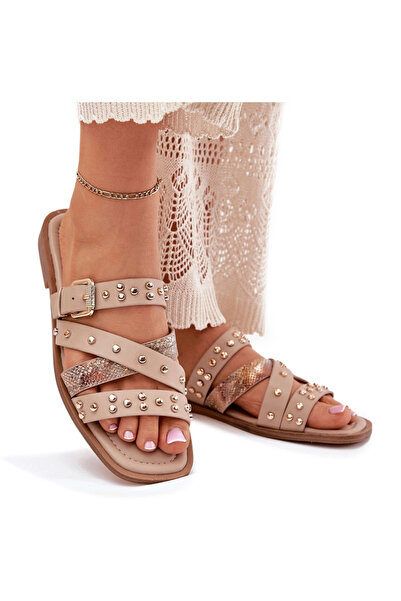 BOTO Embellished women sandals on flat heel with straps and buckle beige Mani...