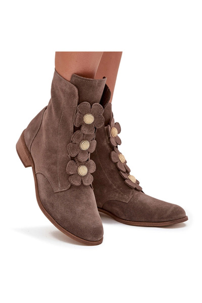 Zazoo Ghete de damă din piele piele întoarsă cu flori decorative 3085 bej înc...