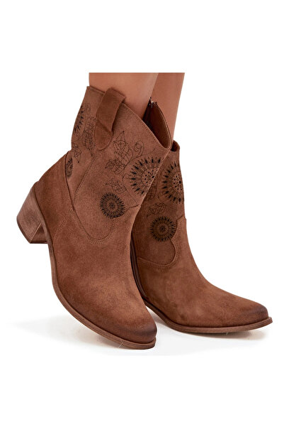 Zazoo Suede Leather Women's Cutout Ankle Boots 3844 Brown 43
