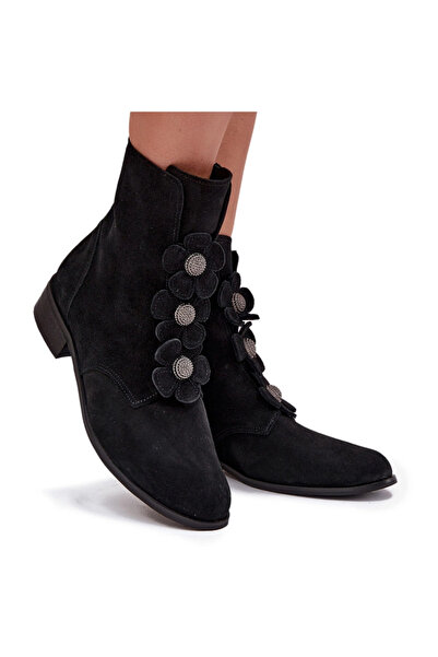 Zazoo Suede women's ankle boots 3085 black with decorative flowers 39