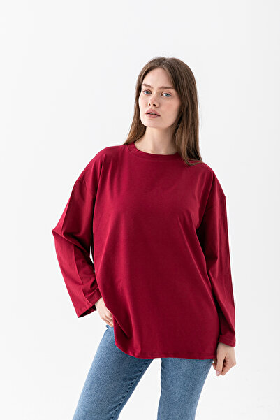 VEGA MODA Basıl Women's 100% Cotton Crew Neck Oversize Fit Long Sleeve T-shirt