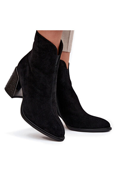 Vinceza Suede Women's Block Heel Boots with Embossing Lined 66801 Black 36