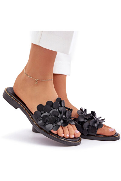 Zazoo 40381 Șlapi din piele pentru femei cu toc plat, negri, 41