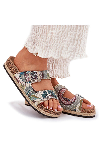 Lee Cooper Patterned Women Slippers On Cork Platform With Buckles LCW-25-35-3...