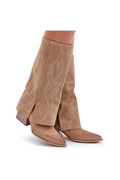 Zazoo Cizme până la genunchi din piele întoarsă cu toc întoars, bej, 3487 38