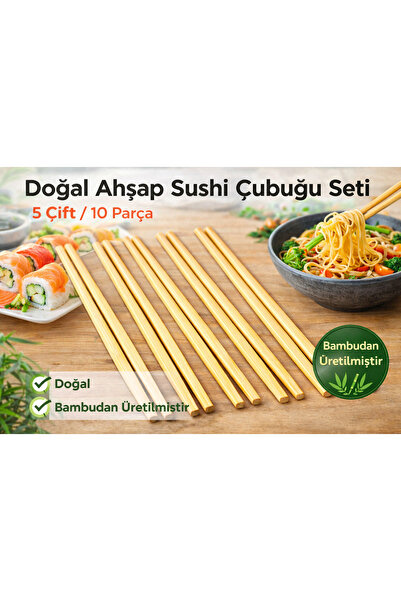 KEA 5 Çift Bambu Sushi Çubuğu – 24 cm Doğal Chopstick Seti – Dayanıklı & Yeni...