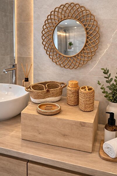 home inn Woven Bathroom Set – Handmade Decorative Mirror, Basket, Soap Dish a...