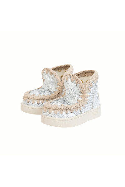 PETIT-ATELlER Girls Silver Sequin Moccasin Ankle Boot Beige Crochet Trim Slip...