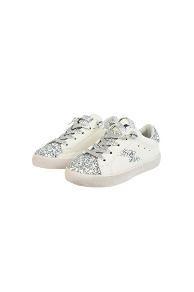 PETIT-ATELlER Kids White Silver Glitter Sneaker Lightning Bolt Patch Lace Up ...