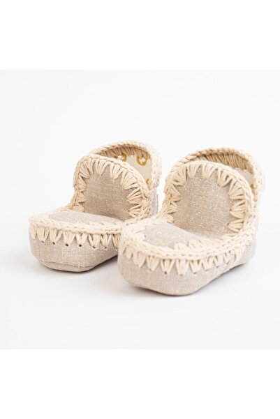 PETIT-ATELlER Baby Girls Beige Linen Crochet Trim Bootie Soft Slip On Newborn...