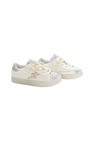 PETIT-ATELlER Kids White Silver Glitter Sneaker Pearl Charm Laces Lightning B...