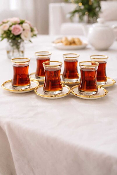Paşabahçe Butterfly Collection Gold Detailed Porcelain Tea Set with Metal Acc...