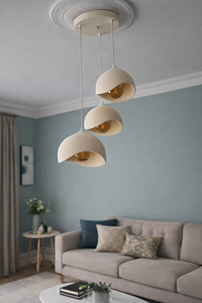 Elmas Print Beton Görünüm 3 Lü Sarkıt KREM Avize Bohem Modern Rustik (G95 Amp...