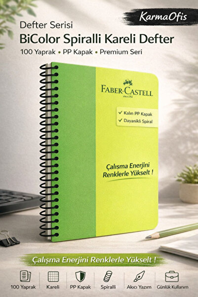 Faber Castell Green 100-Leaf Spiral Bicolor Checked Notebook Pp Cover |   Dur...