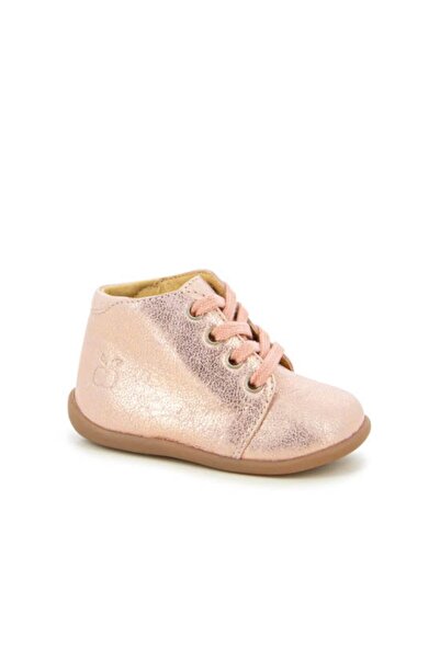 PETIT-ATELlER Baby Girls Rose Gold Metallic Crinkle Leather Lace Up Ankle Boo...