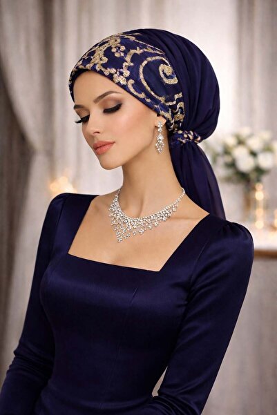 Aişe tesettür Βραδινό φόρεμα με παγιέτες σε μπλε ναυτικό χρώμα και χρυσό Με α...