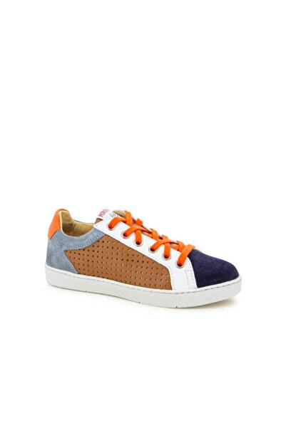 PETIT-ATELlER Kids Brown Navy Perforated Sneaker Orange Lace Up Color Block L...