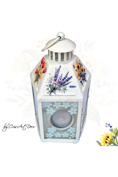 CrisArtDeco White Metal Lantern with Flower Bouquet Design