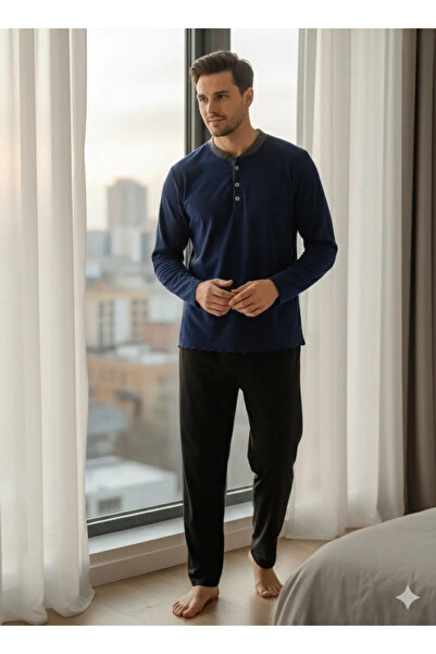 Sude Men's dark blue and black fleece pajamas with buttoned neckline