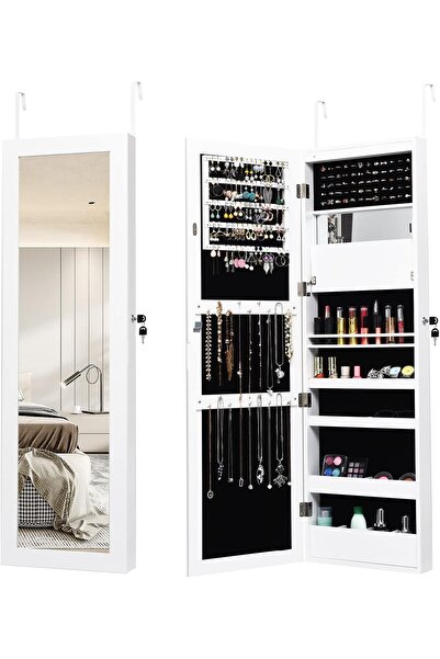 COSTWAY Mirror Jewelry Cabinet, Wall/Door Mounted Jewelry Organizer Cabinet w...