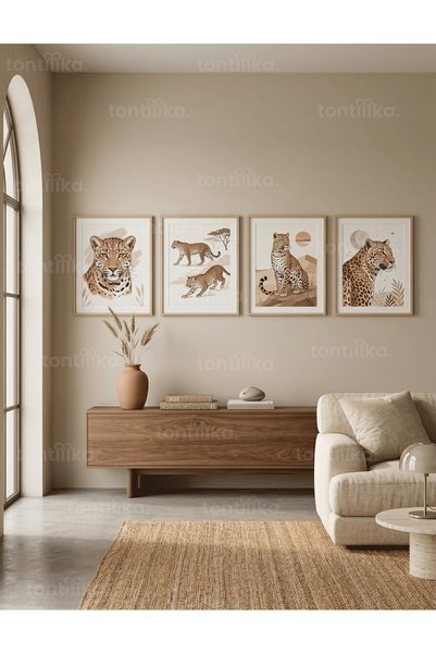 Tontilika Modern Safari Leopar Manzaraları 4’lü Ahşap Çerçeveli Tablo Seti