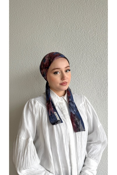 Anatolye Navy Blue Burgundy Leaf Pattern Cheesecloth Scarf Bonnet - Non-Slip Anti-Sweat (Non-Slip)