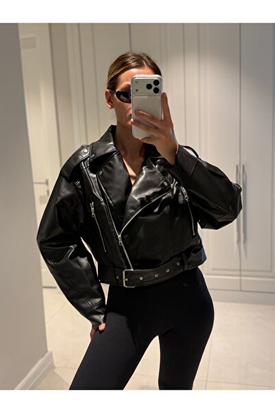 NET OF NOT Yeni Sezon Oversize Kadın Siyah Biker Deri Ceket