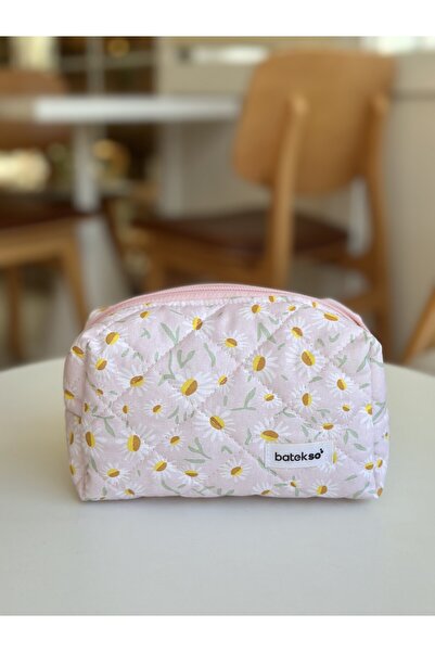 Batekso Toz Pembe Beyaz Papatya Desenli Makyaj Çantası - Orta Boy