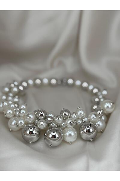 ZS Aksesuar Silver Color Pearl Detailed Women's Necklace – Multiple Bead Desi...