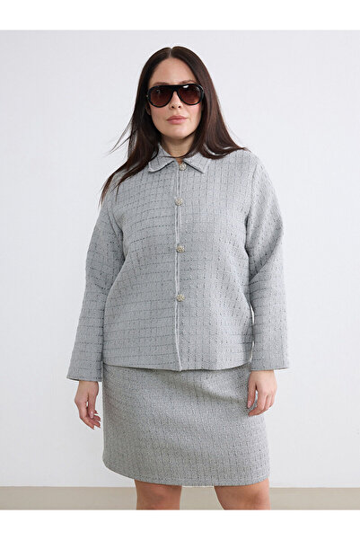 LC Waikiki Ozmarka New Season Large Size Shirt Collar Textured Women's Tweed ...