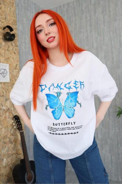 Gofeel Ophella Blue Butterfly Detail Unisex Oversized Mold T-Shirt