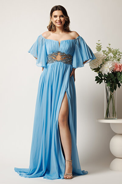 DyFashion Long blue dress made of cloisonné veil with rhinestones and tulle a...