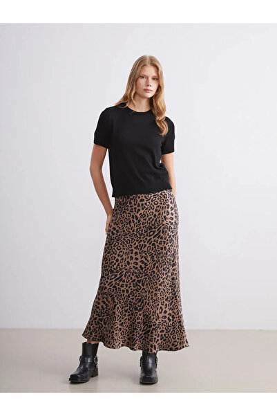 gülis Brown Elastic Waist Leopard Patterned Satin Skirt