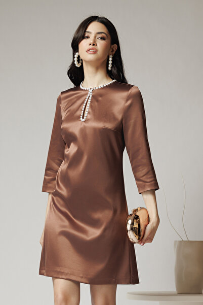 DyFashion DY Fashion elegant brown satin dress with pearls at the bust