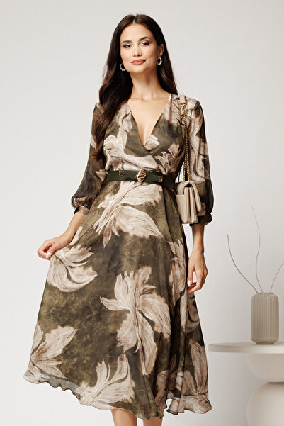 DyFashion Khaki midi dress in cloisonné veil with Printed and Belt at the waist