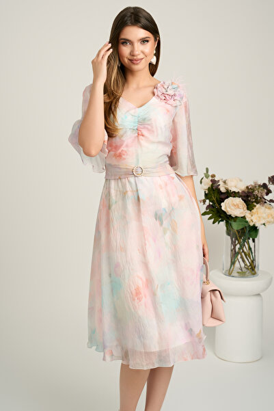 DyFashion Rochie midi roz din voal cu imprimeuri bleu si floare maxi pe bust-...